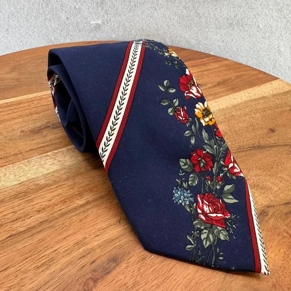 100%‎ Silk Giofer Floral Necktie Navy Blue, Red, Yellow Floral Print Italian 58